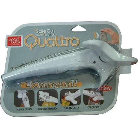 Good Cook Safe Edge Quatro 4 in 1 Can Opener with ergonomic design, Safe Cut technology, and multiple functions for effortless use.