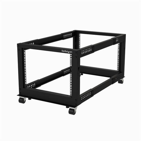 8U Open frame rack with adjustable depth, supporting up to 1200 lbs, designed for durable server and network equipment storage.