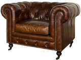 Luxurious 1-seater Hampton Court Vintage Cigar Leather Chair in traditional Chesterfield style with brass nail detailing.