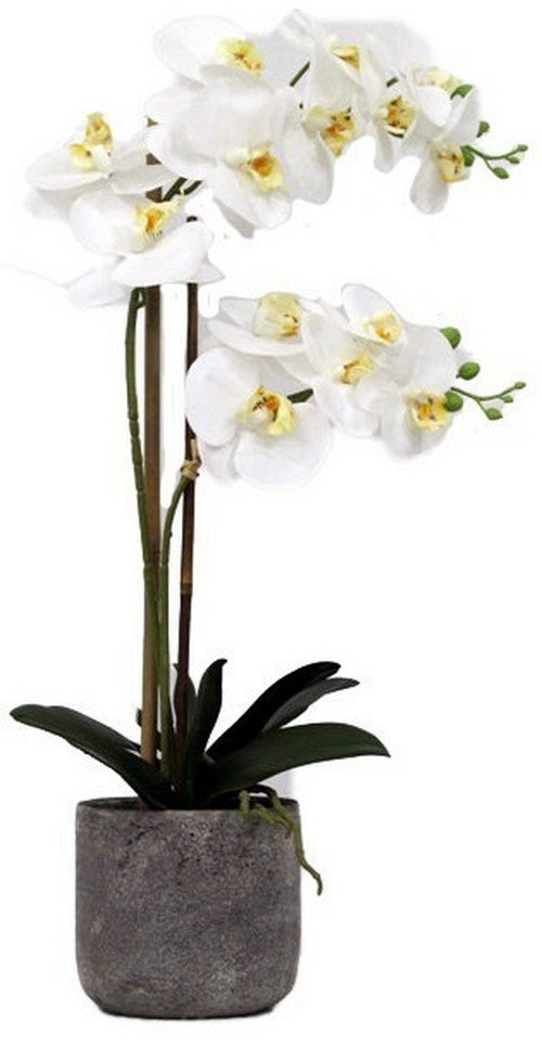 Lifelike white orchid in a stone pot, featuring two sprays, perfect for elegant, low-maintenance decor.