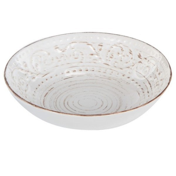 20cm cream Rustic Fare bowl with antiqued finish, swirling pattern, and beading, perfect for elegant dining and entertaining.