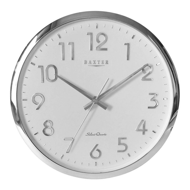 Elegant Baxter Darcy wall clock in silver, 32cm size with Arabic numerals, perfect for modern home decor.