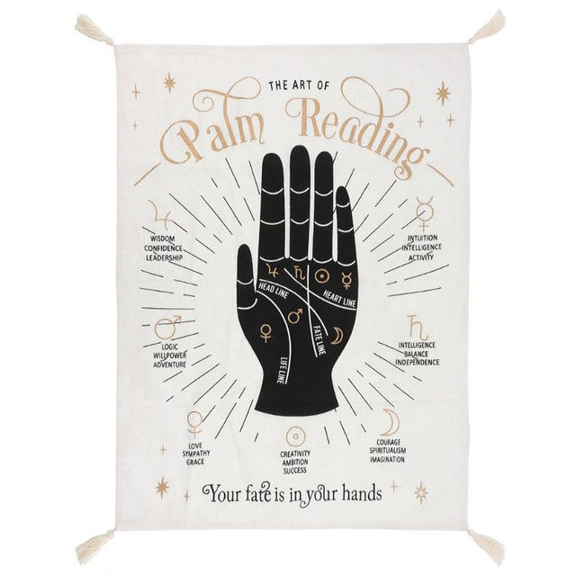 Large palm reading wall tapestry with gold accents and tassels, ideal for mystical decor and versatile usage in any room.