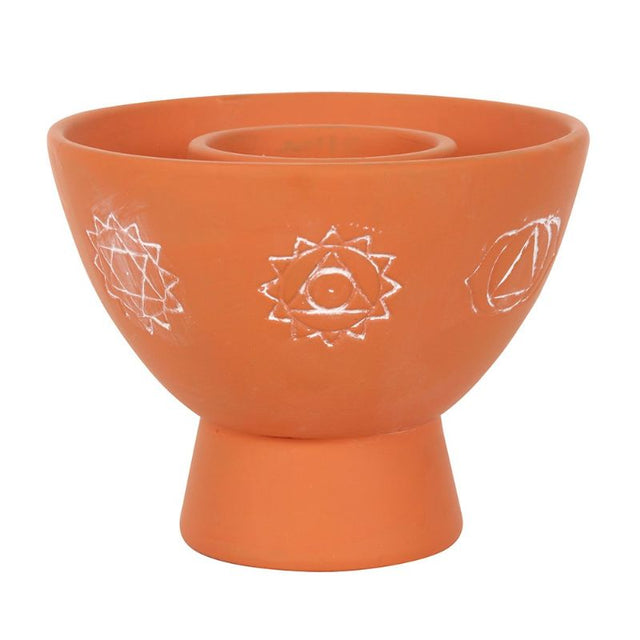 Chakra Natural Terracotta Smudge Bowl with white Chakra design, perfect for burning sage and enhancing spiritual practices.