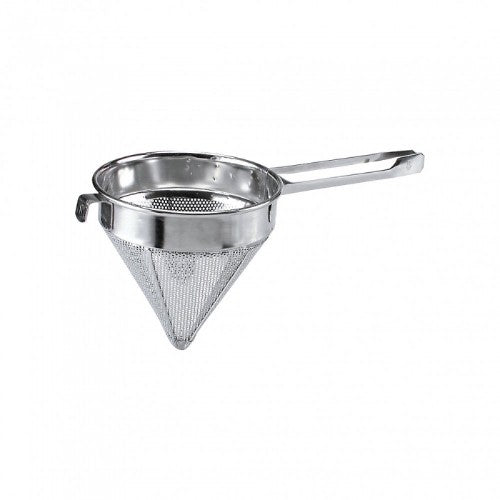 Fine conical strainer in stainless steel, 300mm diameter, designed for efficient liquid straining and versatile kitchen tasks.