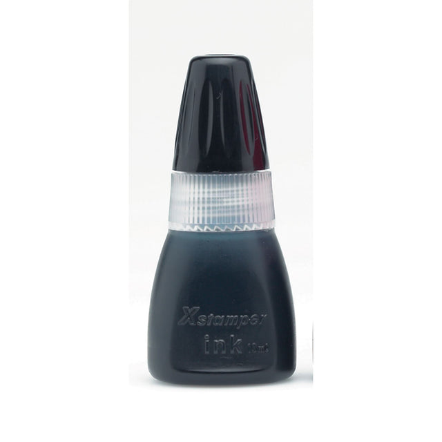 Xstamper CS-10N 10cc black refill ink bottle for easy, mess-free refills of pre-inked stamps, ensuring vibrant impressions.