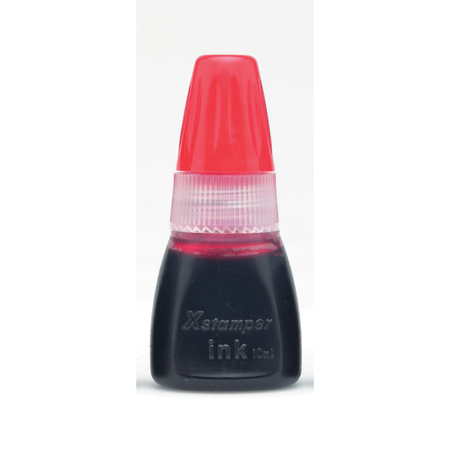 Xstamper Cs-10n 10cc red refill ink for pre-inked stamps, ensuring sharp, clear impressions and a mess-free refill process.