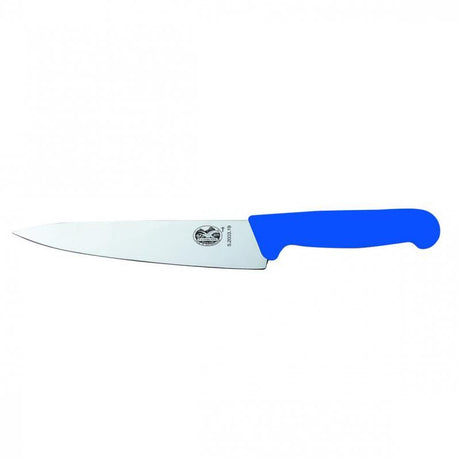 Vibrant blue Victorinox Cooks Carving Knife, 25cm stainless steel blade with ergonomic Fibrox handle for precision slicing.