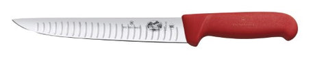 Victorinox 25cm fluted knife with red Fibrox handle, designed for effortless slicing and superior grip in any kitchen.