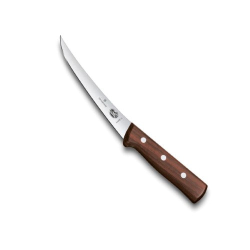 Victorinox Curved NAR Wood Boning Knife with a 12cm curved blade and ergonomic wood handle for precise meat preparation.