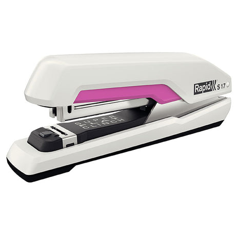 Rapid Stapler S17 in White/Pink with SuperFlatClinch technology, staples 30 sheets, features low staple indicator and rubber base.