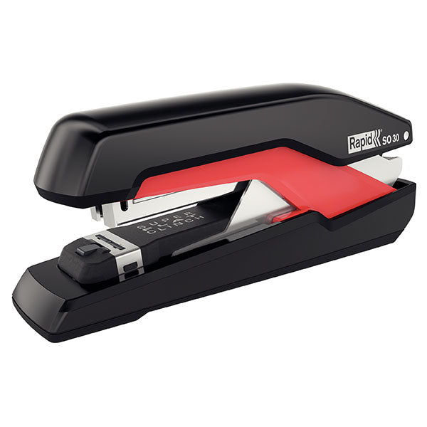 Rapid Stapler SO30 Omnipress in black and red, featuring effortless stapling up to 30 sheets with SuperFlatClinch technology.