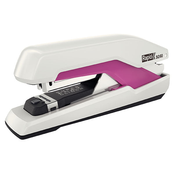 Rapid Stapler SO60 in stylish white/pink, featuring Omnipress technology and SuperFlatClinch for effortless, efficient stapling.