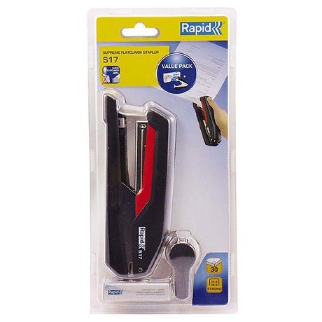 Rapid Stapler S17 in black and red with SuperFlatClinch technology, staples 30 sheets, includes staple remover and staples.