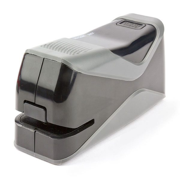 Compact electric stapler with ergonomic design, staples up to 20 sheets, front-loading, and non-slip feet for stability.