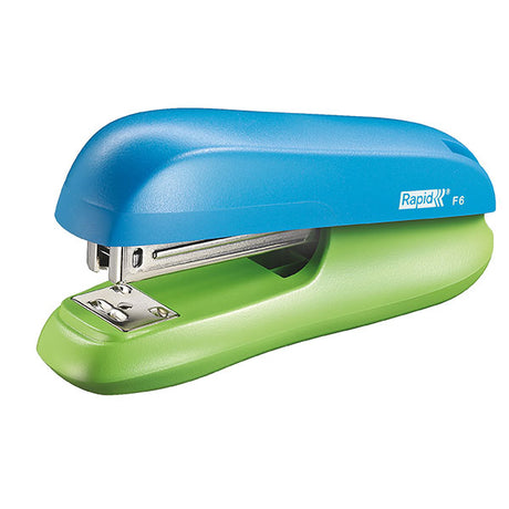 Rapid Stapler F6 in vibrant Blue/Green, designed for effortless stapling, handling up to 20 sheets with a sturdy metal mechanism.