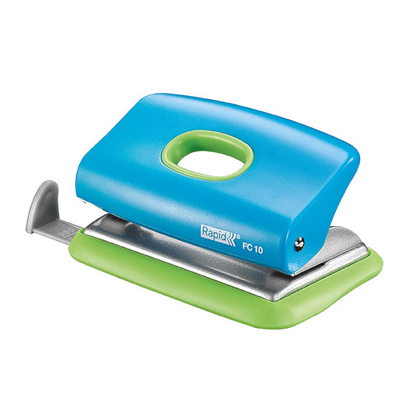 Compact and durable blue and green hole punch, capable of handling up to 10 sheets, ideal for home and school use.