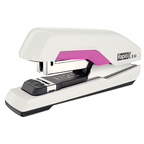 Rapid Stapler S50 in White/Pink features SuperFlatClinch tech, staples 50 sheets, and has a top-loading magazine for easy use.