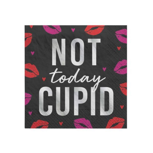 Pack of 16 Anti Valentine's Day beverage napkins featuring bold 'NOT today CUPID' text, perfect for a cheeky celebration.