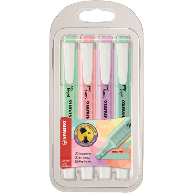 STABILO SWING COOL highlighter set in pastel colors, featuring anti-dry-out, clip design, and two line widths for versatile highlighting.