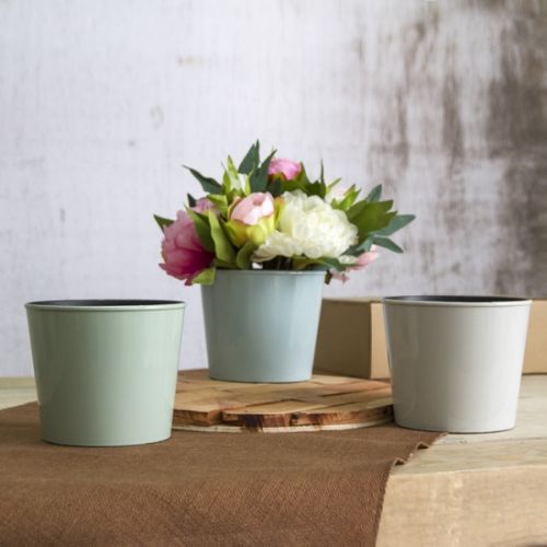 Soft green round plastic pot, 15.5 cm diameter, 13 cm height, ideal for floral arrangements and home decor.