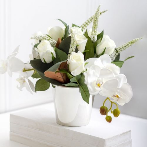 Chrome round planter pot in silver, perfect for fresh or artificial plants, 13Dx11.5cmH, elegant and lightweight design.
