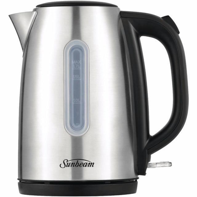 Brushed stainless steel 1.7L kettle with 2200W power, ergonomic handle, 360-degree base, and illuminated switch for easy use.