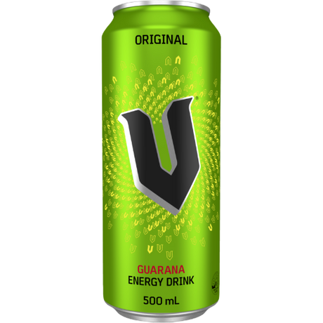 Case of 12 V Original Guarana Energy Drinks, 500ml each, energizing beverage with caffeine and guarana extract for vitality.