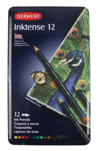 Derwent Inktense Pencils in assorted tin of 12, featuring vibrant water-soluble colors for versatile artistic expression.