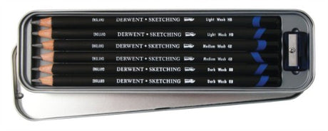 Assorted tin of 6 Derwent watersoluble sketching pencils, featuring light, medium, and dark wash strengths for versatile artwork.