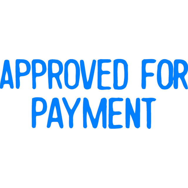 Pre-inked blue stamp for efficient payment approvals, delivers crisp impressions and is re-inkable for lasting use.