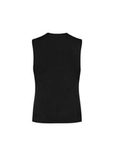 Elegant black longline vest for ladies, tailored with wool blend and pockets, perfect for casual and professional wear.