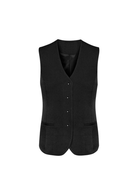 Elegant black longline vest for ladies, tailored with wool blend, features pockets, fully lined, sizes 4-26, versatile for any occasion.