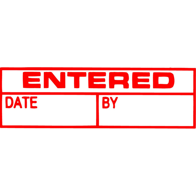 Xstamper Cx-Bn 1534 stamp in red, marked 'Entered/Date/By', offering 100,000 impressions before re-inking for efficient documentation.