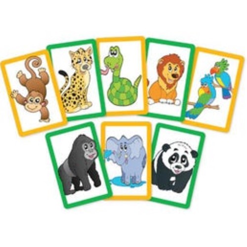 Colorful card game featuring zoo animals, combining Snap and Pairs for fun memory play for kids aged 4 and up.