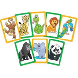 Colorful card game featuring zoo animals, combining Snap and Pairs for fun memory play for kids aged 4 and up.