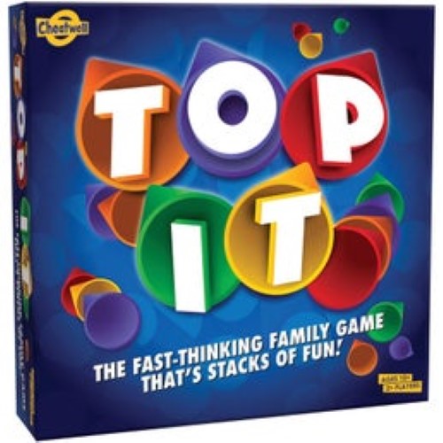 Cheatwell Top It party game set with vibrant cones, topic cards, letter discs, and timer for fast-paced fun.