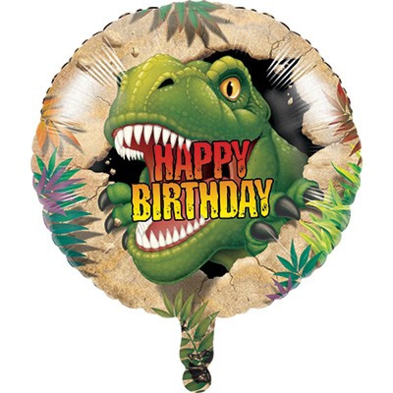 Bright 45cm Dino Blast Happy Birthday balloon featuring a cheerful dinosaur design, perfect for dino-themed celebrations.