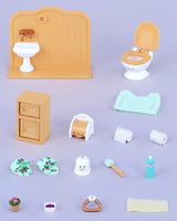 Charming wooden toilet set with partition, designed for imaginative play in the Sylvanian Families collection.