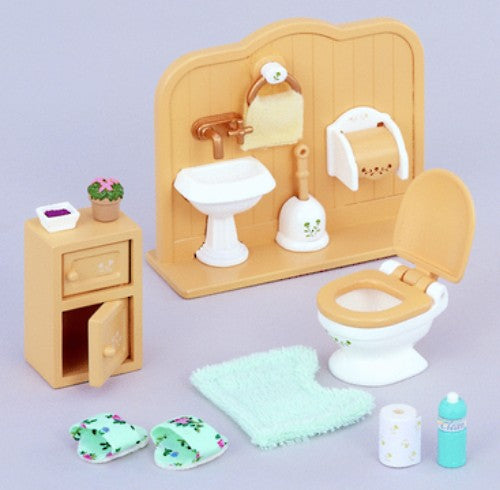 Wooden Sylvanian Families Toilet Set featuring a colorful design and privacy partition, perfect for imaginative play.