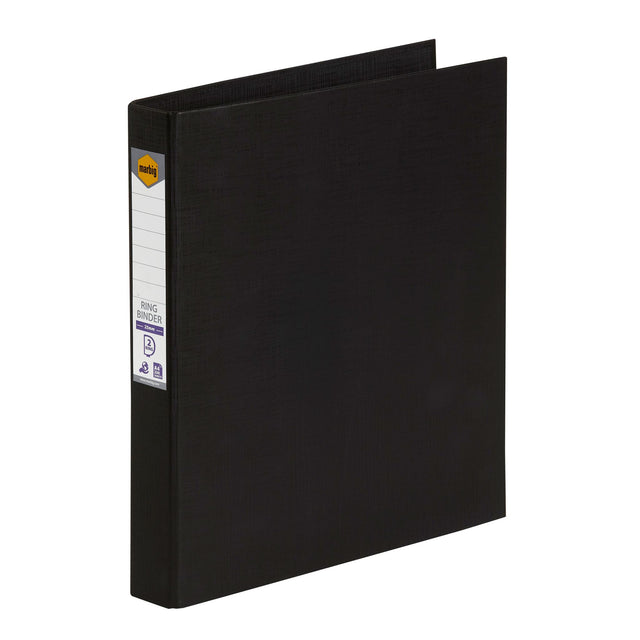 Marbig PE Linen Ring Binder pack of 6, 25mm black, eco-friendly, holds 200 sheets, with spine label for easy identification.