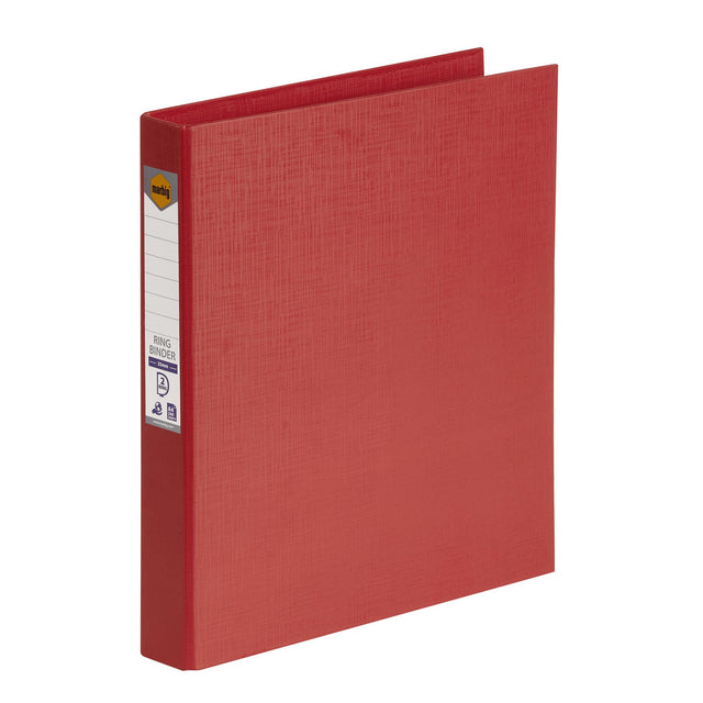 Bright red Marbig PE Linen Ring Binders, 25mm, pack of 6, eco-friendly, moisture-resistant, hold 200 sheets each.