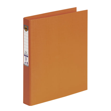 Vibrant orange PE linen binder with spine label, holds 200 sheets, eco-friendly, moisture-resistant, ideal for organized filing.