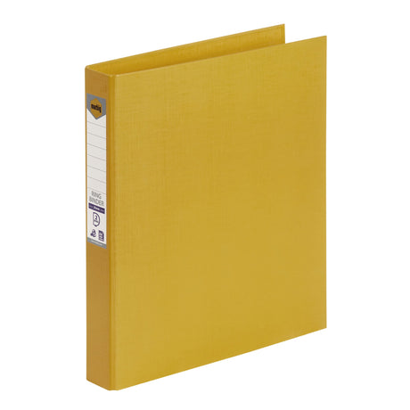 Bright yellow Marbig PE linen ring binders, pack of 6, eco-friendly, holds 200 sheets, features spine label for easy sorting.