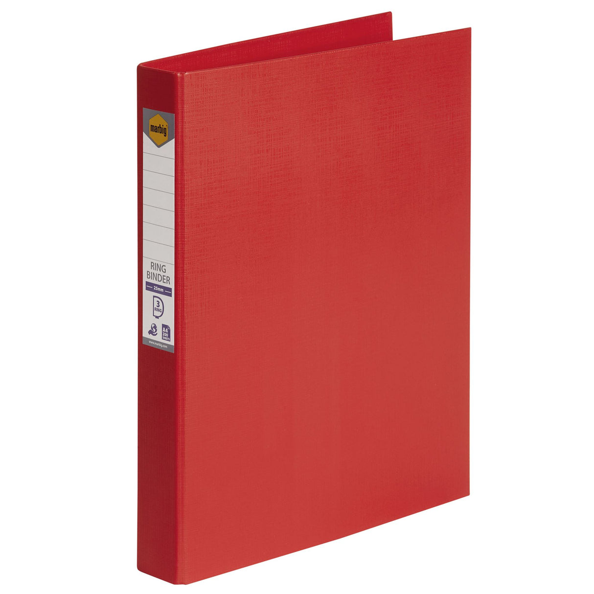 Bright red Marbig PE linen ring binder 3D, 25mm, holds 200 sheets, eco-friendly, pack of 6 for stylish office organization.