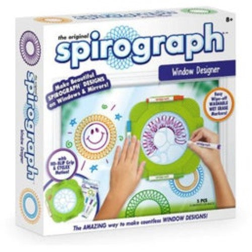 Spirograph Window Designer for creating vibrant art on windows, featuring a design wheel, pen storage, and 4 wet erase pens.