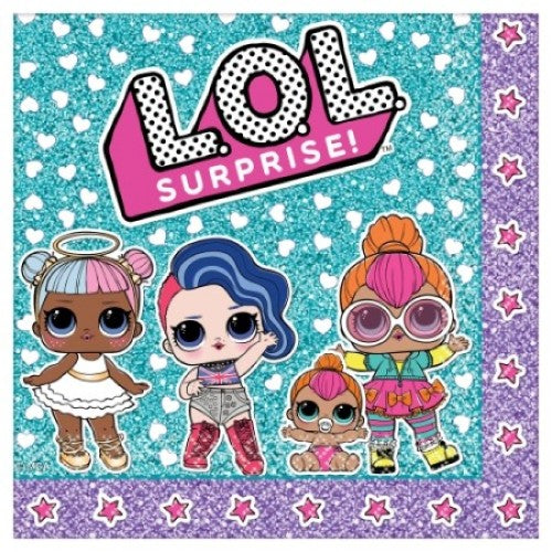 Pack of 16 Lol Surprise lunch napkins featuring vibrant characters, perfect for kids' parties and cleanups.