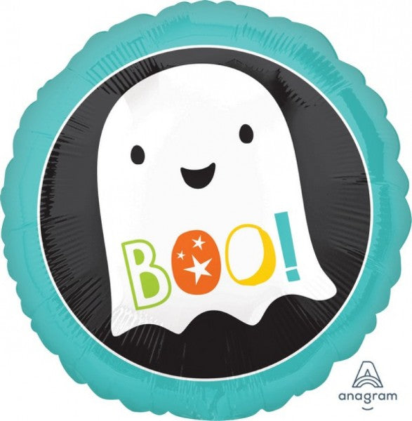 Foil balloon in the shape of a friendly ghost, measuring 45cm, perfect for Halloween celebrations and spooky events.