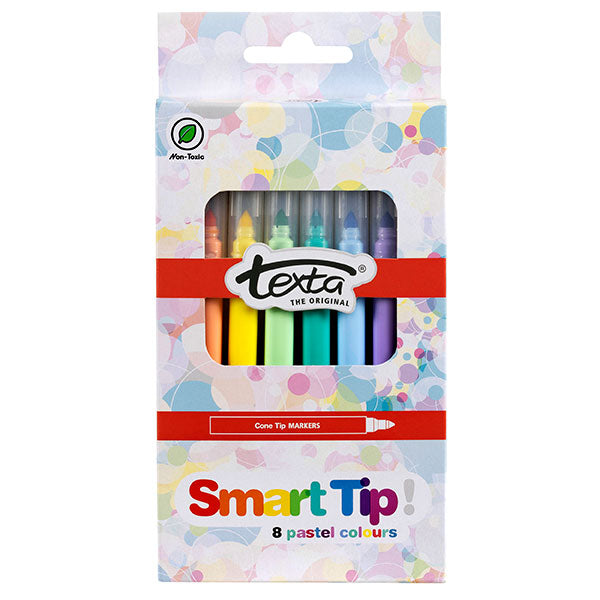 Texta Smart Tip Markers Pastel Pk8 featuring eight vibrant, non-toxic pastel shades for precise and durable artistic creations.