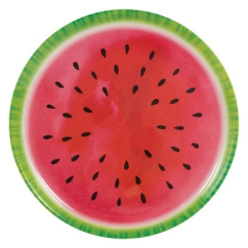 Vibrant 13 1/2" watermelon design melamine platter, perfect for serving appetizers and enhancing summer gatherings.